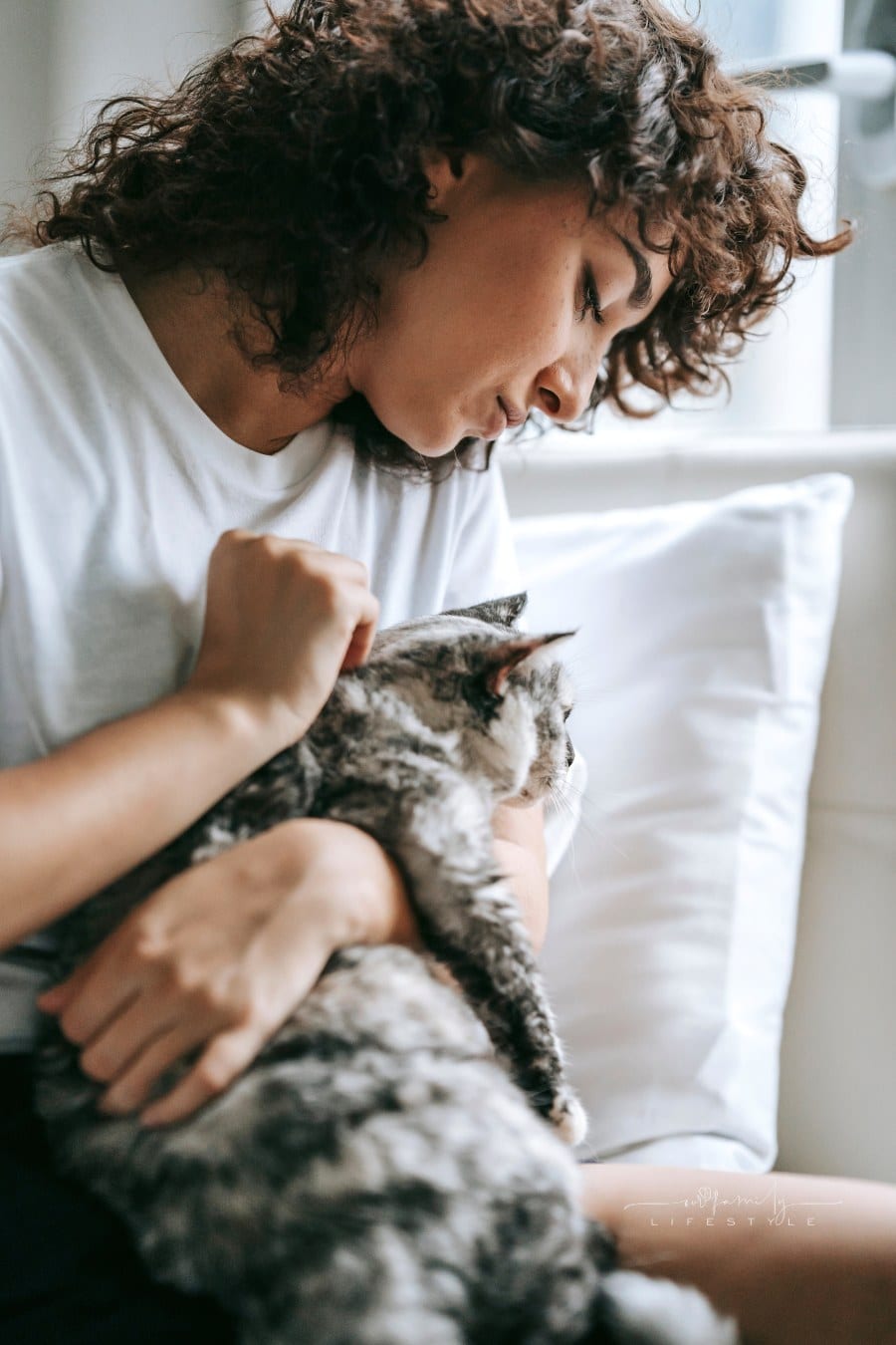 Woman with cat on bed in front of window