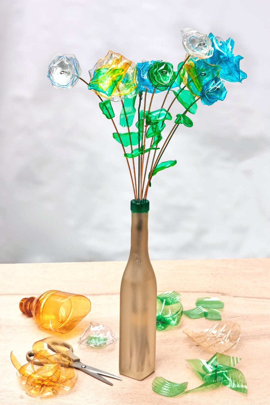 creative, recycled handmade flowers made from scraps of plastic bottles