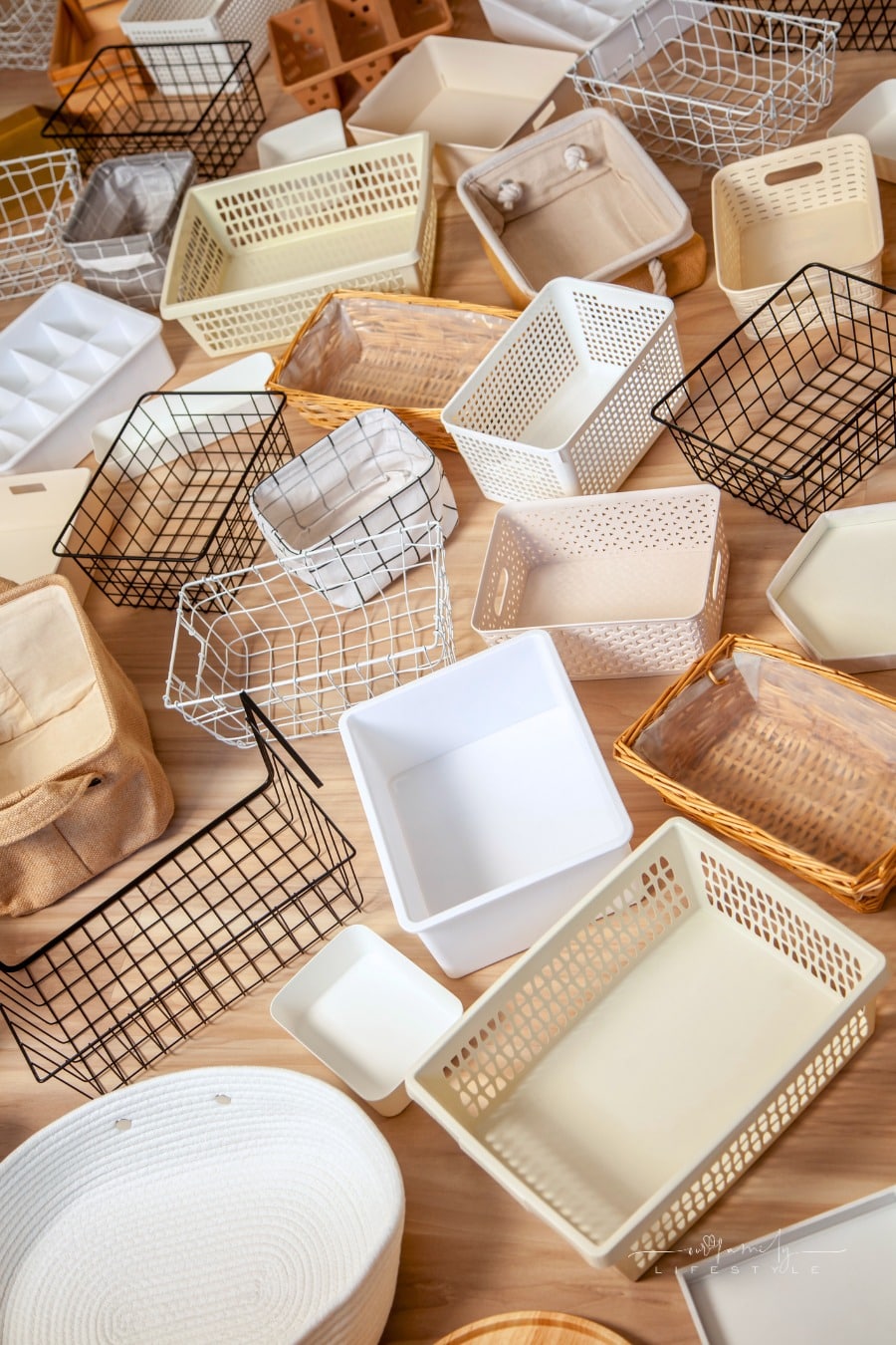 various containers and baskets for organizing while decluttering