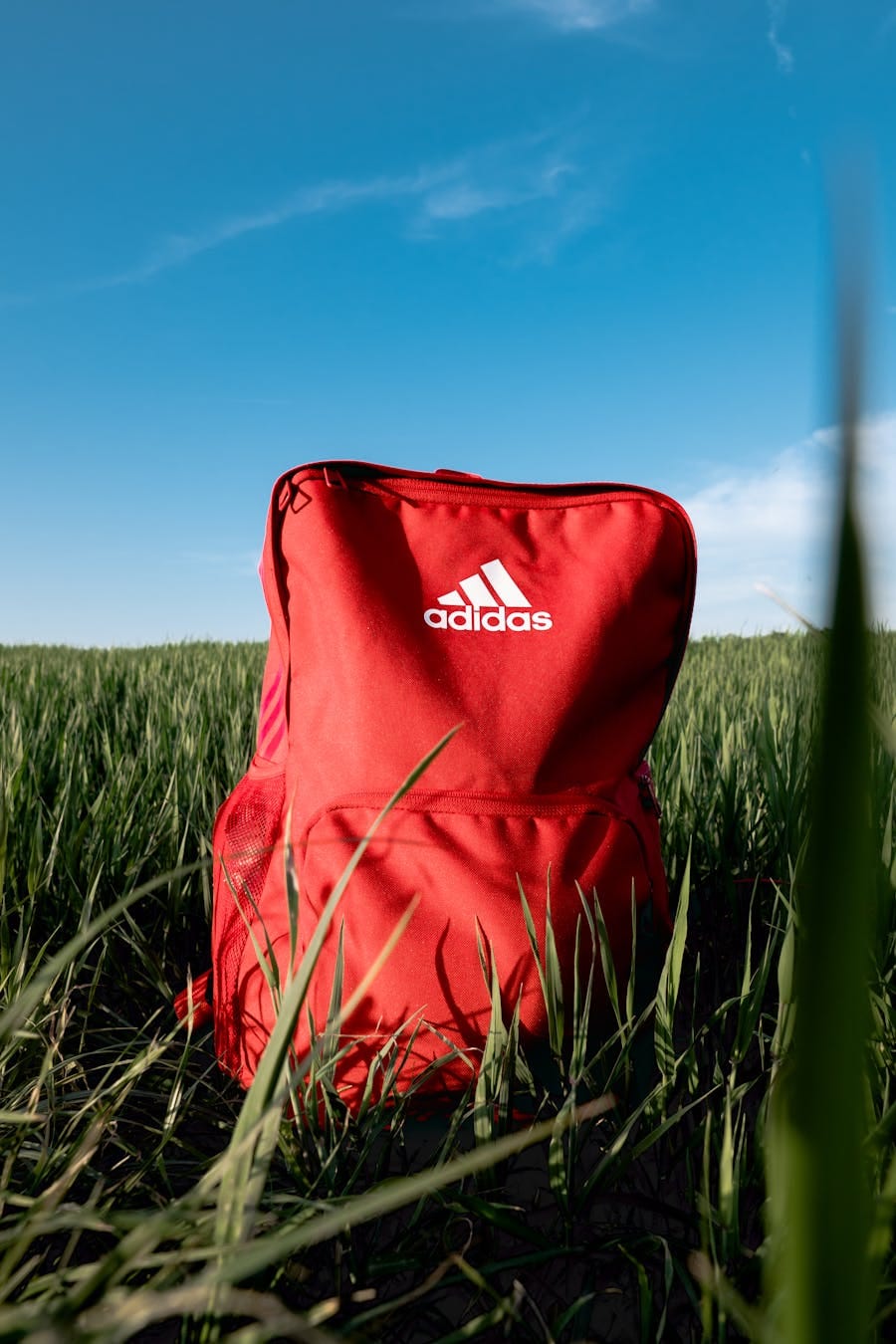 A striking red Adidas backpack positioned amidst a lush green field under a clear blue sky.