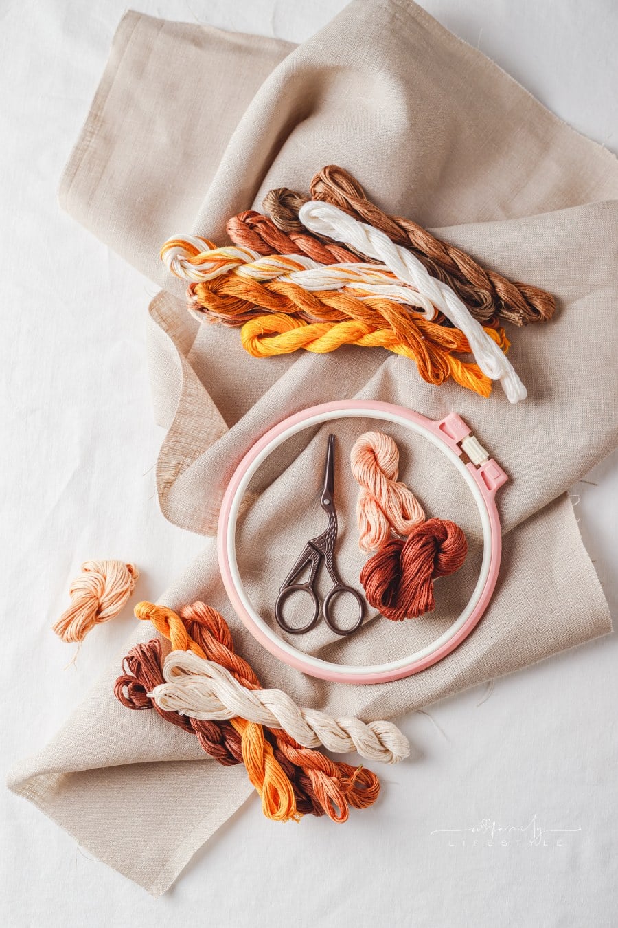 Embroidery set. Linen fabric, embroidery patterns, embroidery hoop, colorful threads and needles.