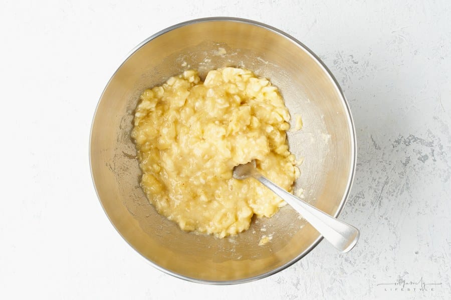 banana bread recipe step 1 mash ripe bananas