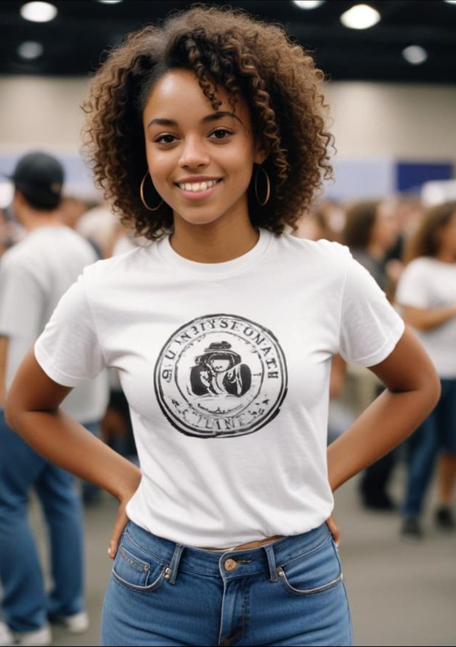 woman wearing brand merch at trade show