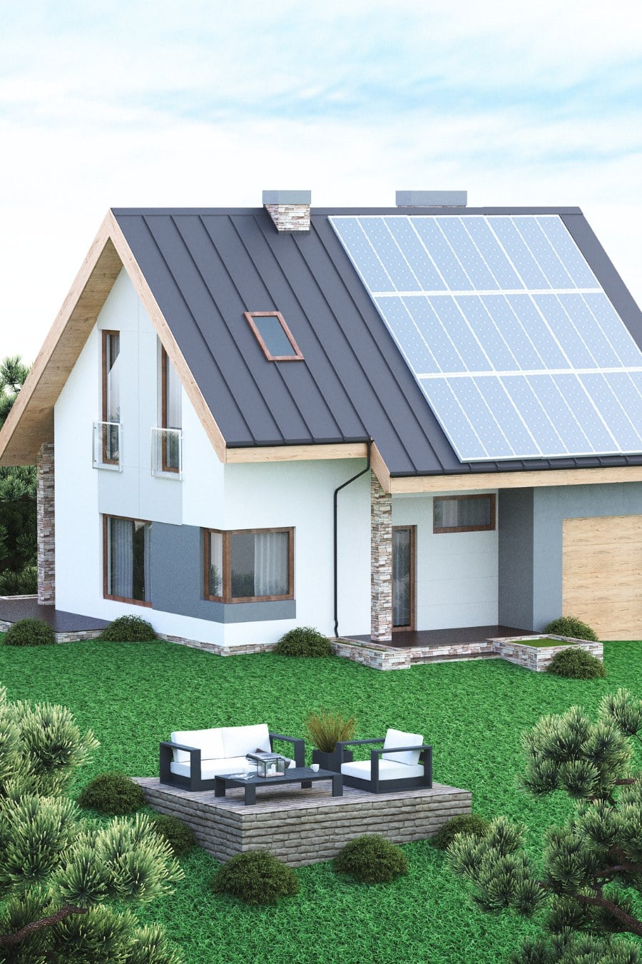 Eco-friendly home with solar panels and large yard