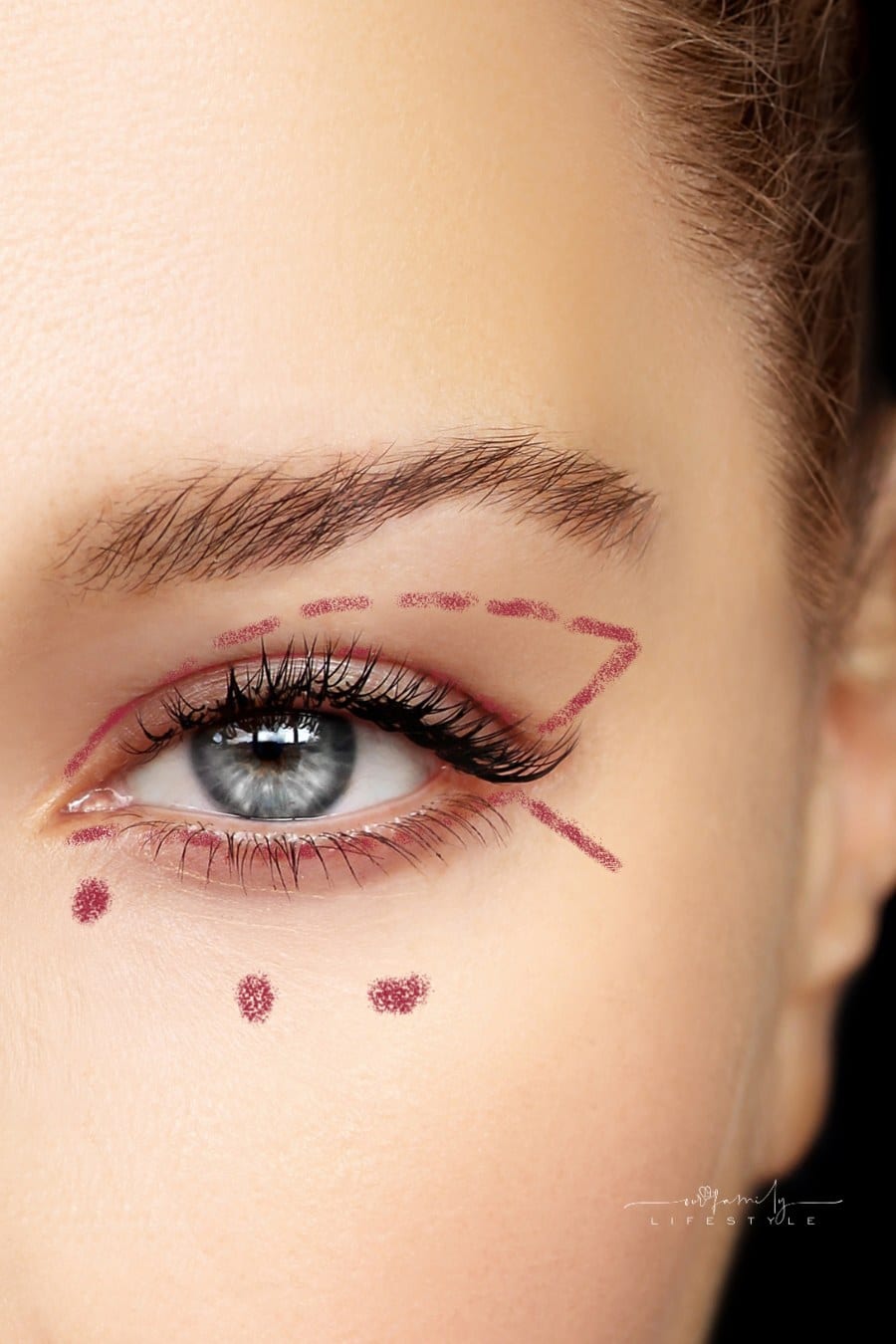 Lower Blepharoplasty. Upper blepharoplasty. Marking the face. Perforation lines on females face, plastic surgery concept.