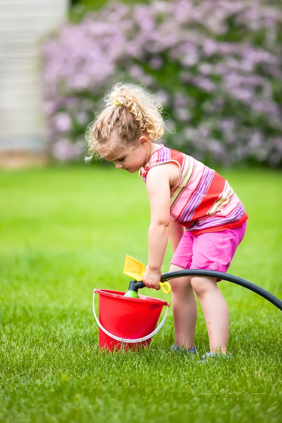 toddler filling a red bucket with garden hose on a green lawn