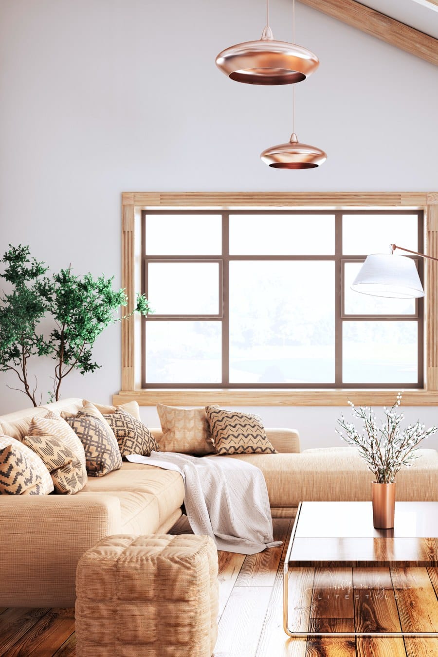 Interior of modern living room with comfortable sectional couch