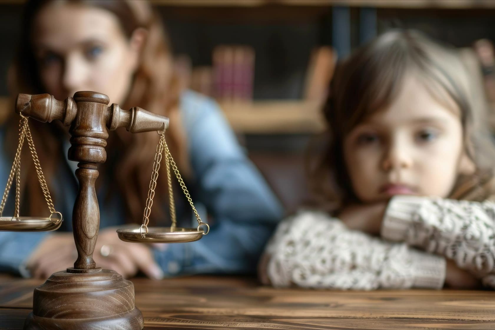 Cute child and mother at table with gavel of judge blurred in background family law concept