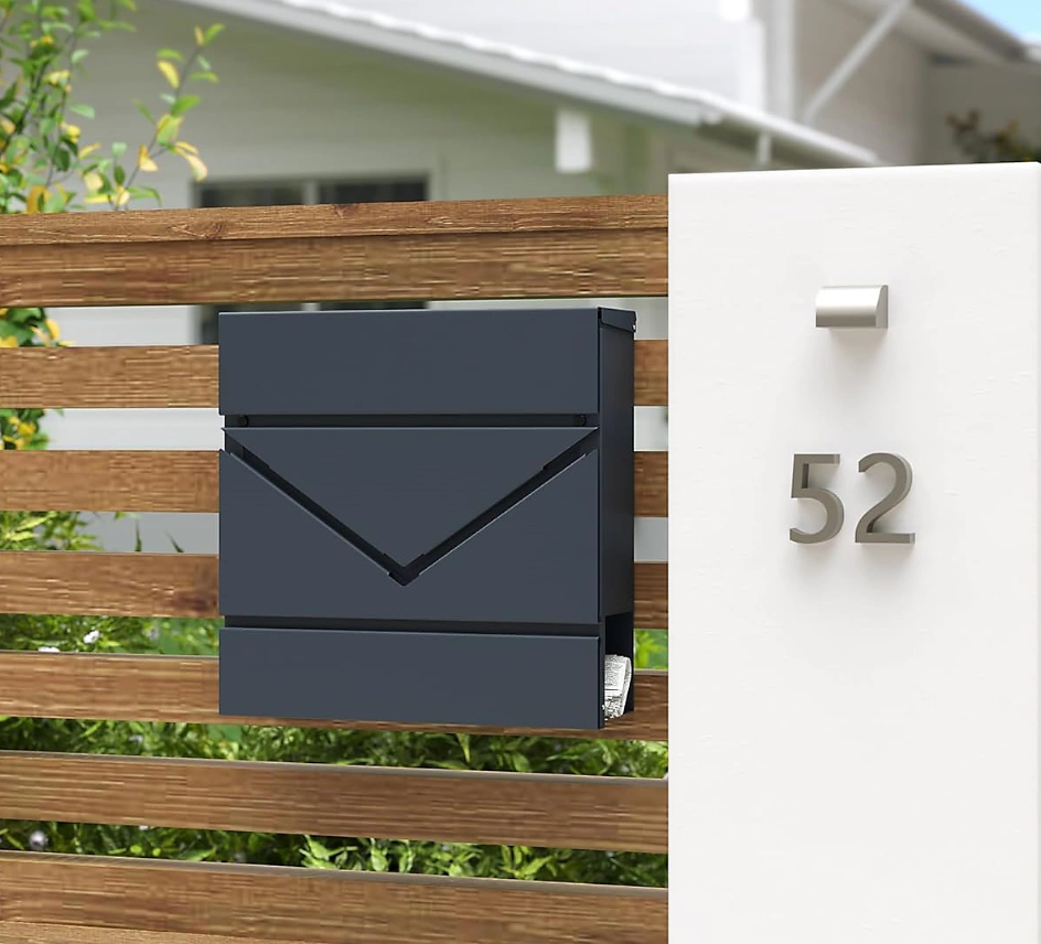 black modern letterbox on a wooden fence