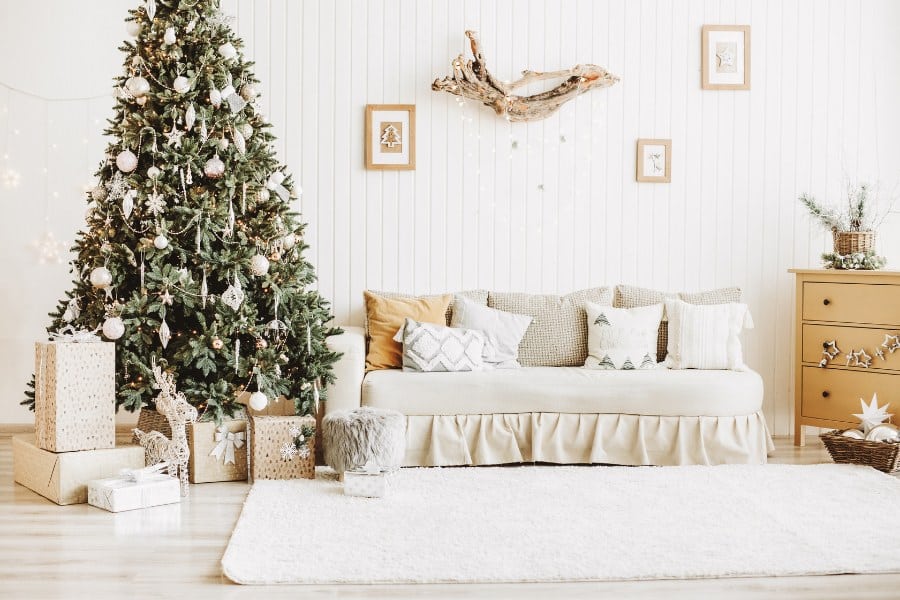 Decorated Christmas room with tree and gifts