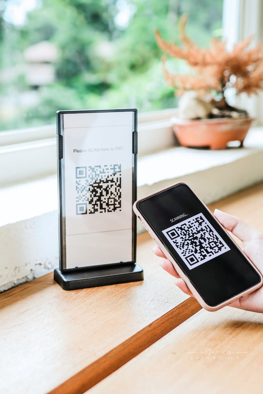 E Wallet Qr Code Payment. Woman Scanning QR Code Online Shopping