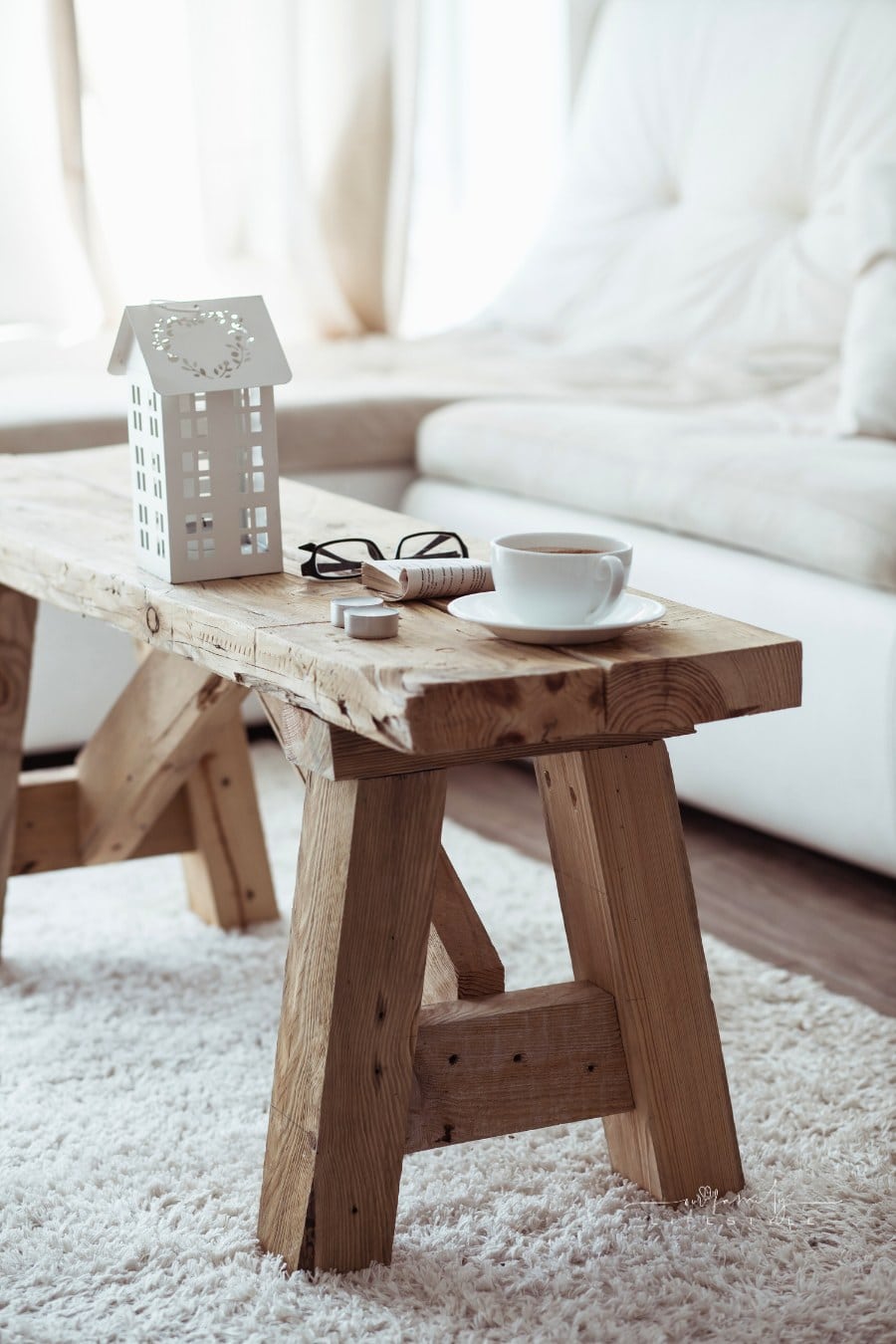 reclaimed wood table in living room