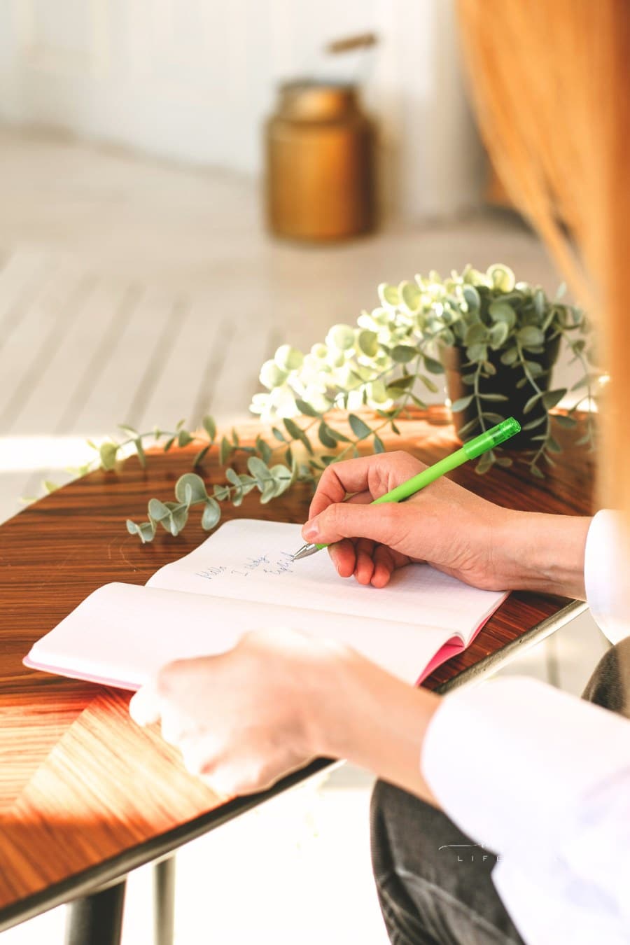 A beautiful woman writes in a blank notebook at her desk at home.