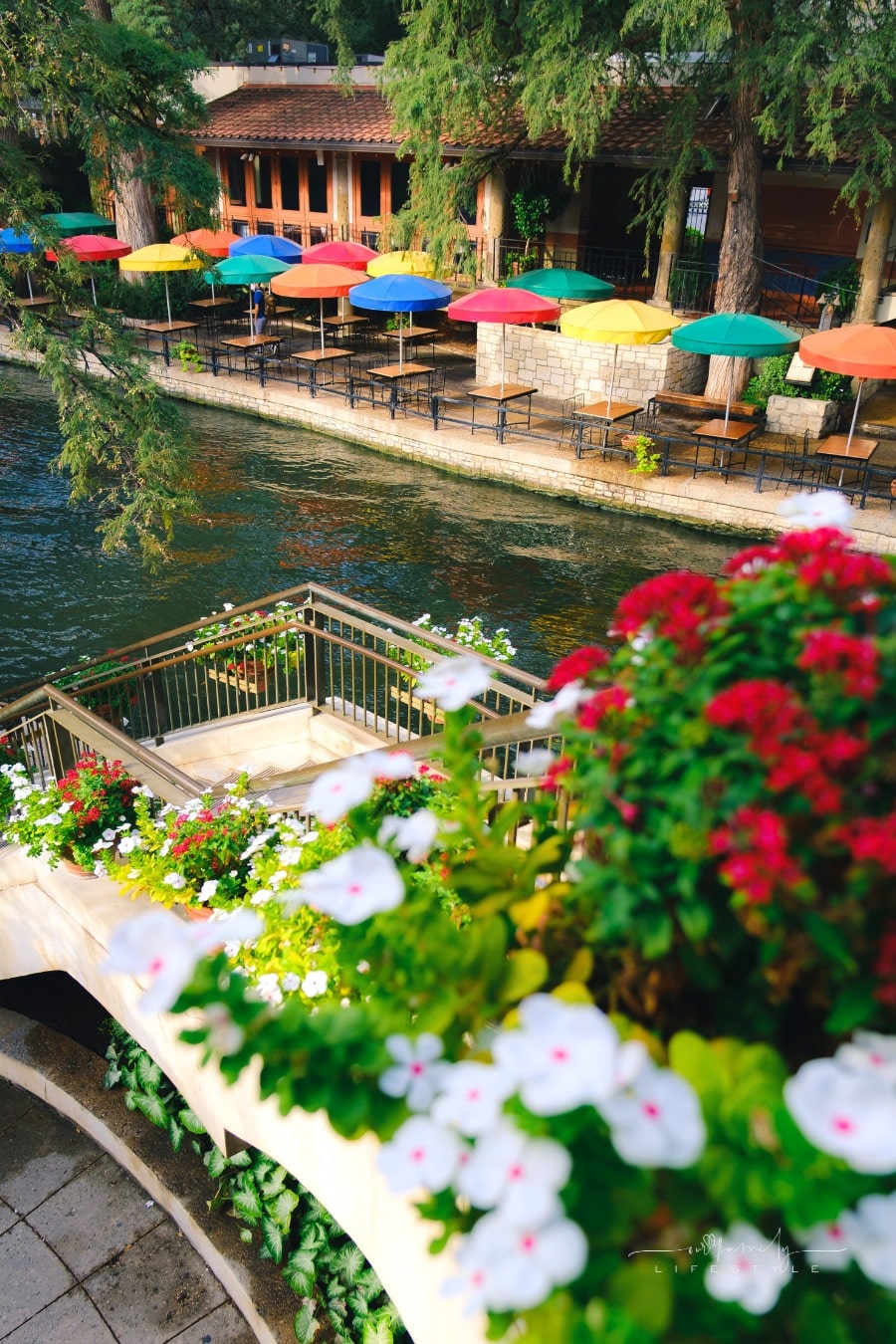 Staircase with flowers beside the San Antonio Riverwalk