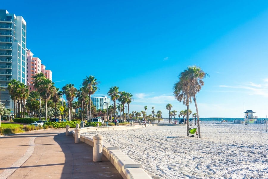 Beautiful Clearwater, Florida beach with sand and palm trees