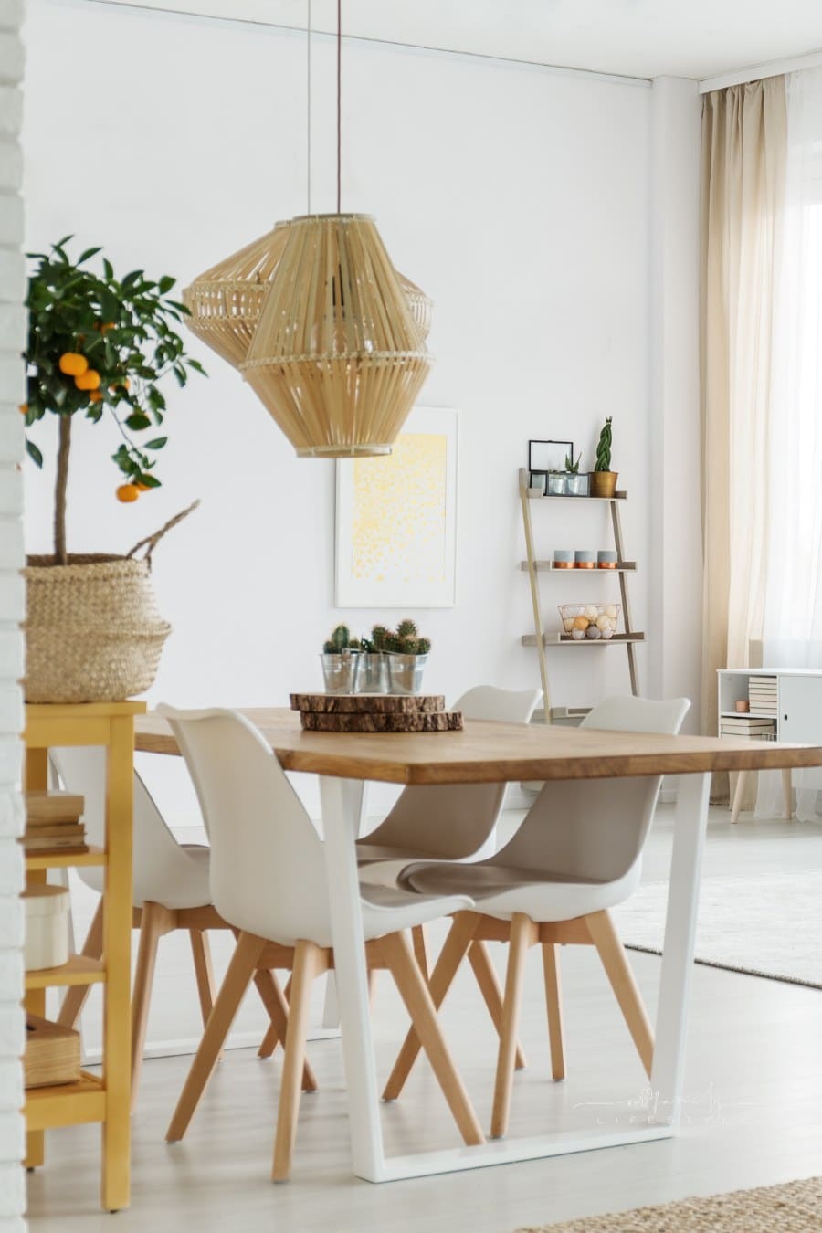 Set of table and chairs standing in modern living room