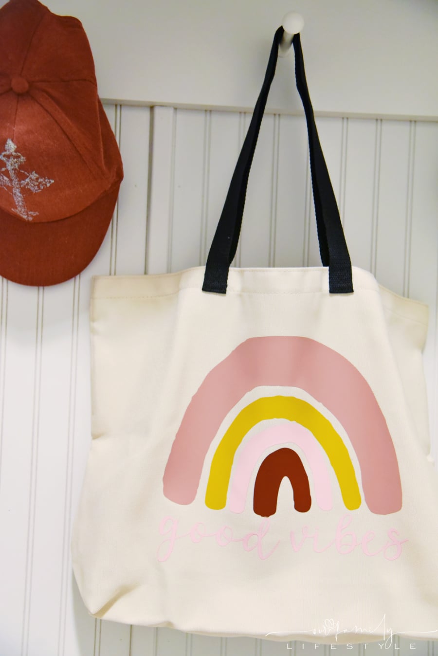good vibes boho rainbow tote bag using Cricut vinyl