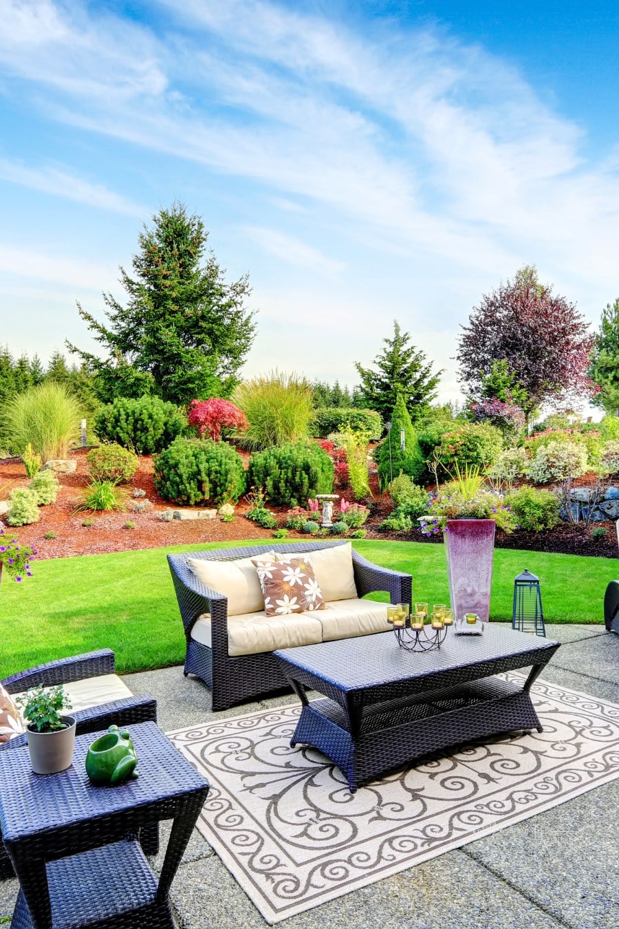 backyard landscape design with patio area featuring settees and tables