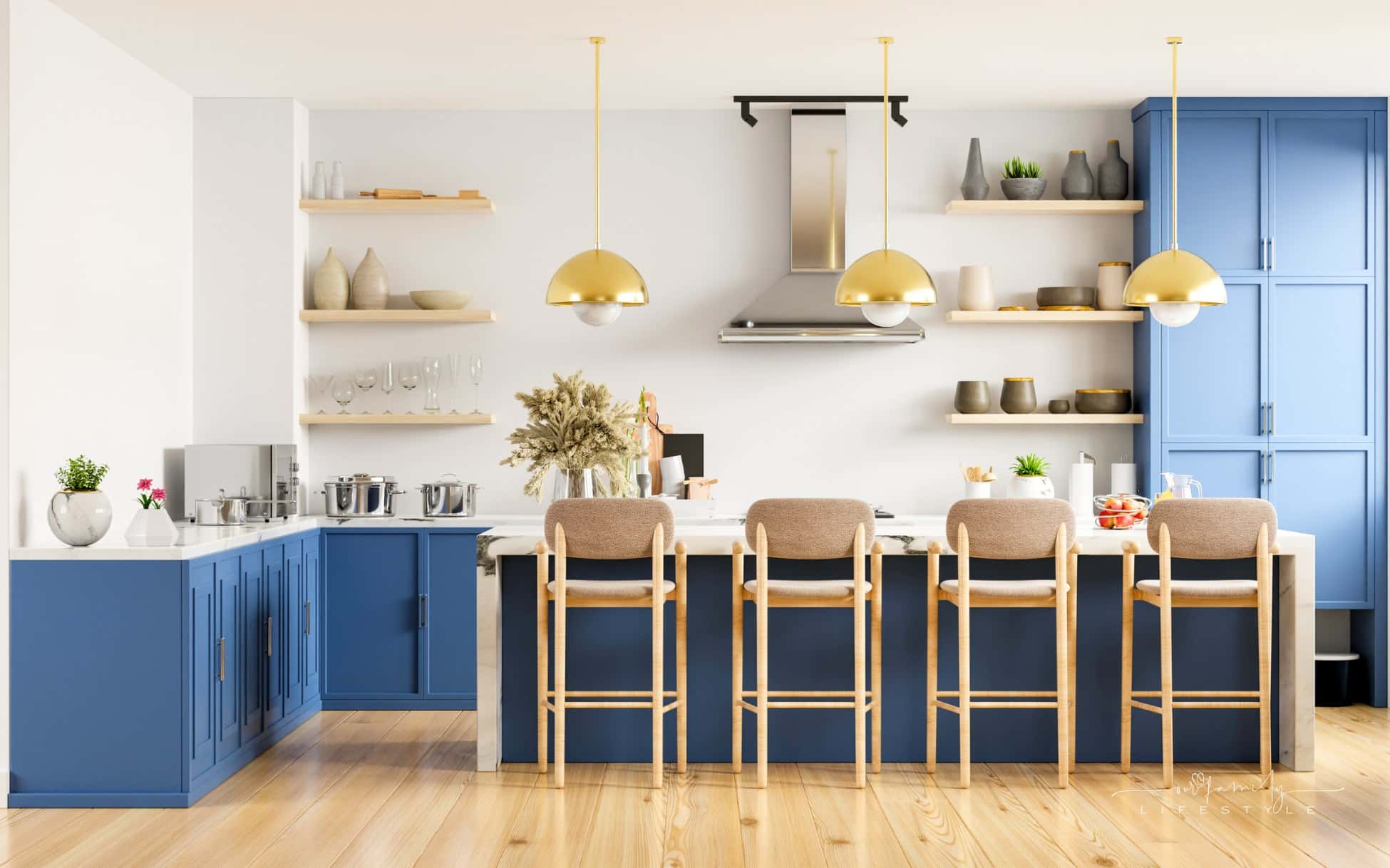 Modern kitchen interior with furniture.Stylish kitchen interior with white wall.