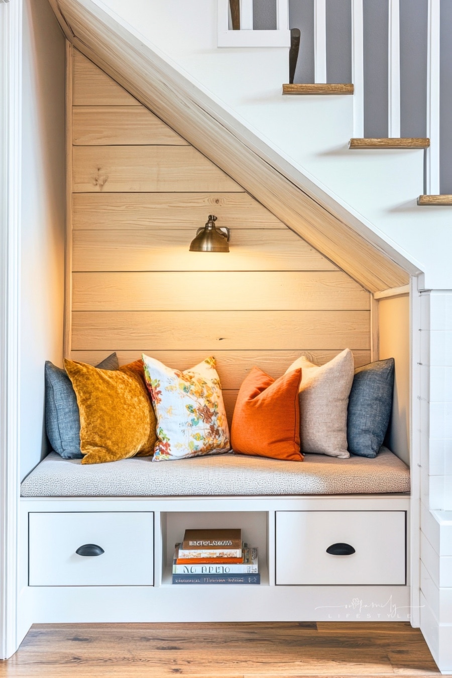 cozy reading nook under stairs