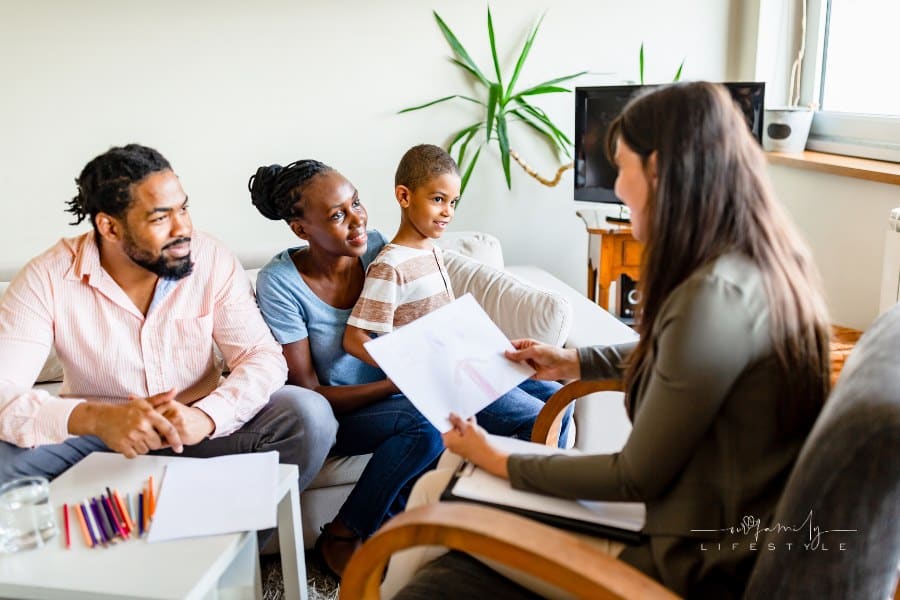 Family in a parenting coach therapy session