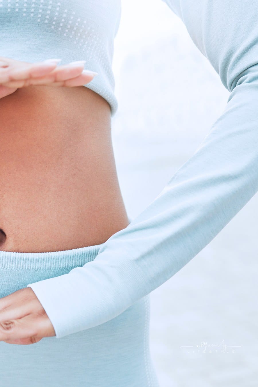 Fitness, Woman and Hands on Stomach for Digestion Health with Workout, Exercise and Training. Gut Health, Weight Loss or Diet of Active Runner Girl Showing Healthy Abdomen on Cardio Break.