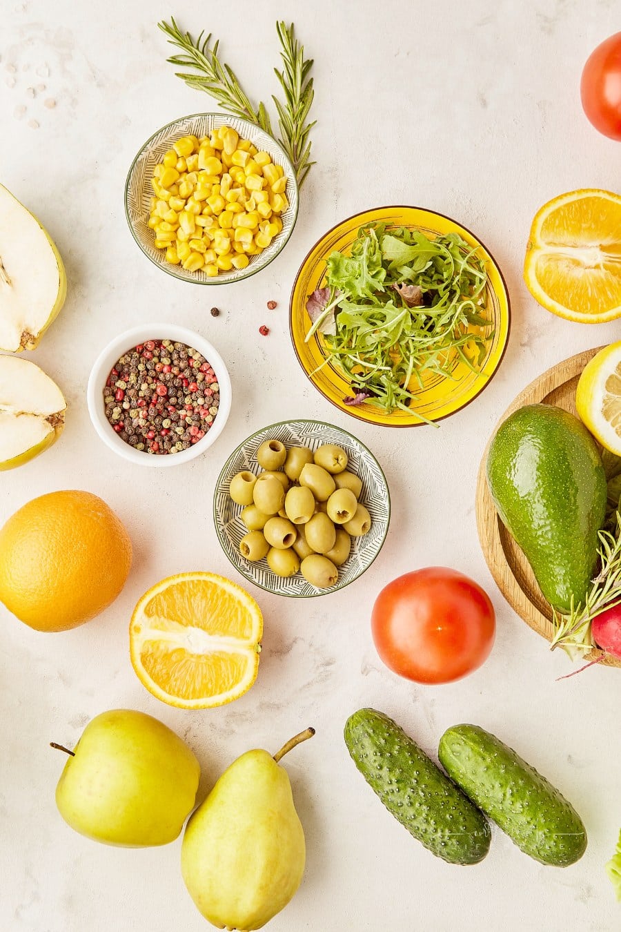 Plant based diet, Mediterranean diet - vegetables, fruits, greens, flax seeds ingredients with close up flat lay.