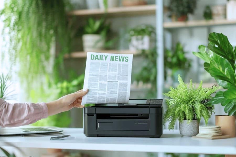 woman's hand collecting a one-page newspaper out of printer