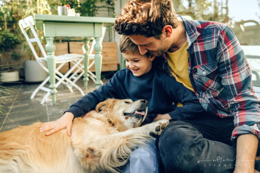 father and son petting their family dog, a Labrador retriever