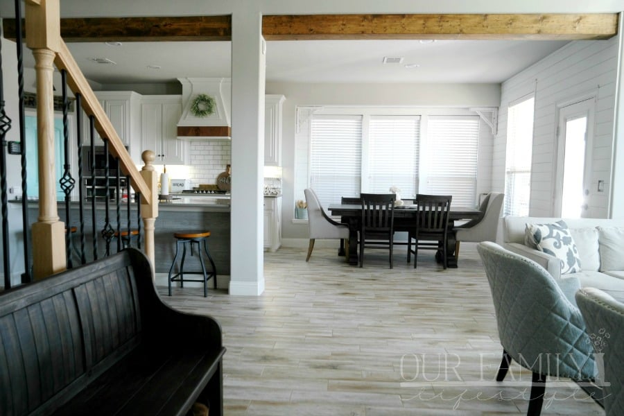 kitchen and dining room - after DIY faux beams