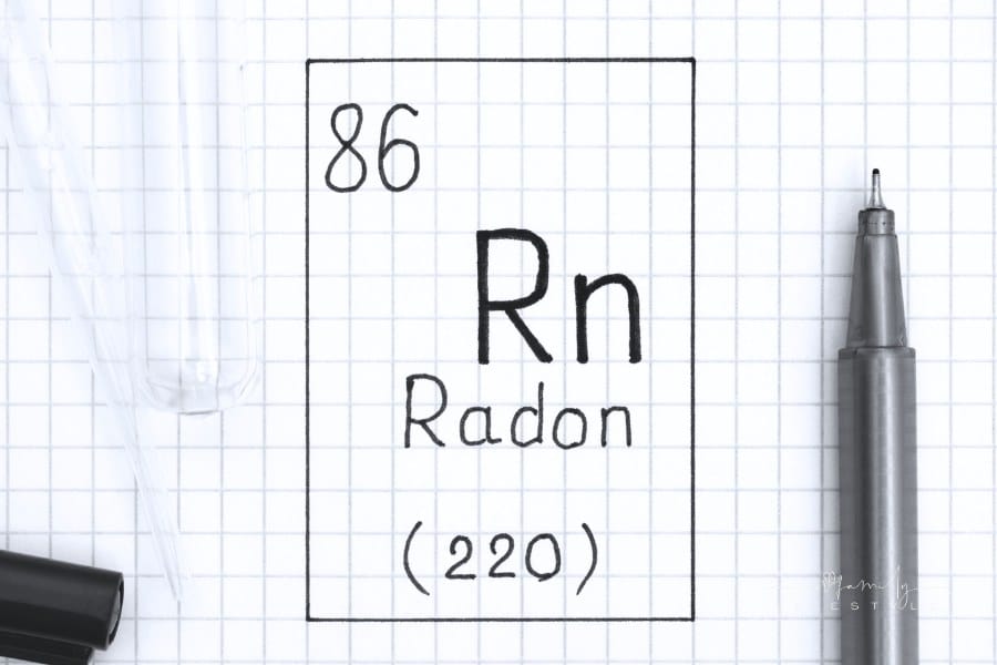 The Periodic table of elements. Handwriting chemical element Radon Rn with black pen, test tube and pipette.