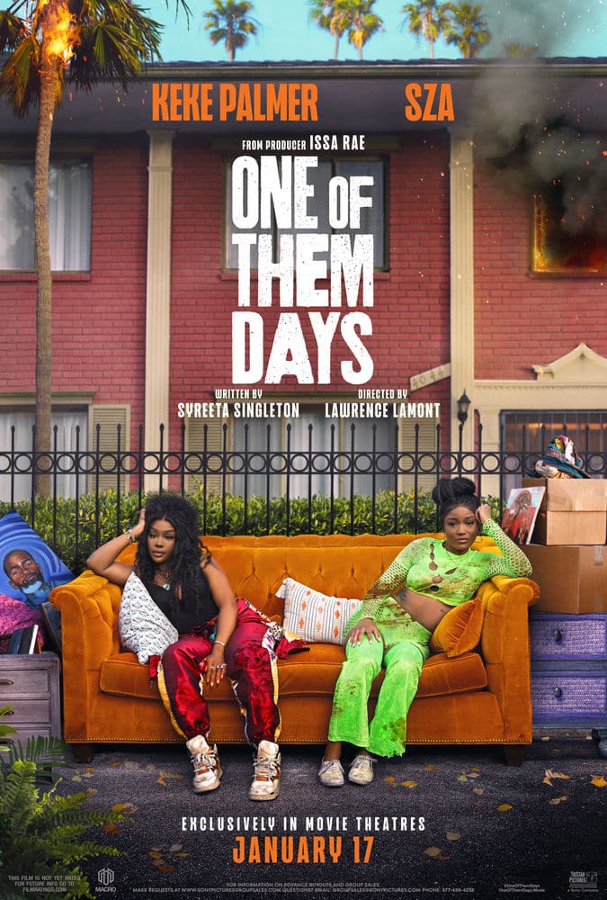 Keke Palmer and SZA sit on an orange couch in front of a burning apartment, with a stylish movie title and credits.