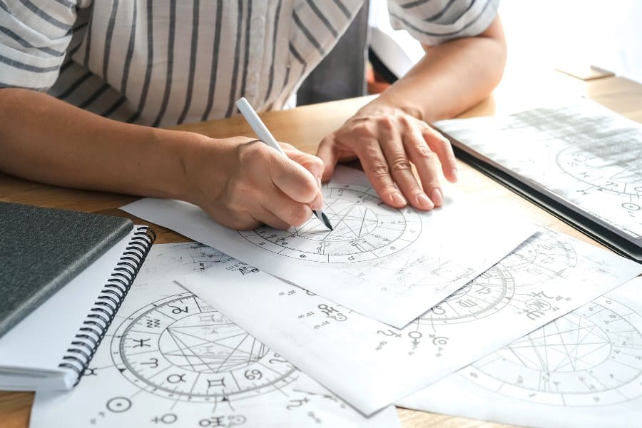 Astrology. Astrologer calculates a natal chart and makes a forecast of fate. Astrological forecast, mysticism, science. Astro