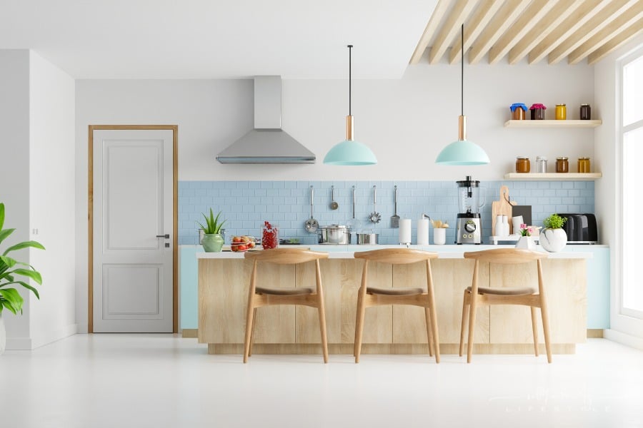 modern kitchen with colorful tile and pendant lights