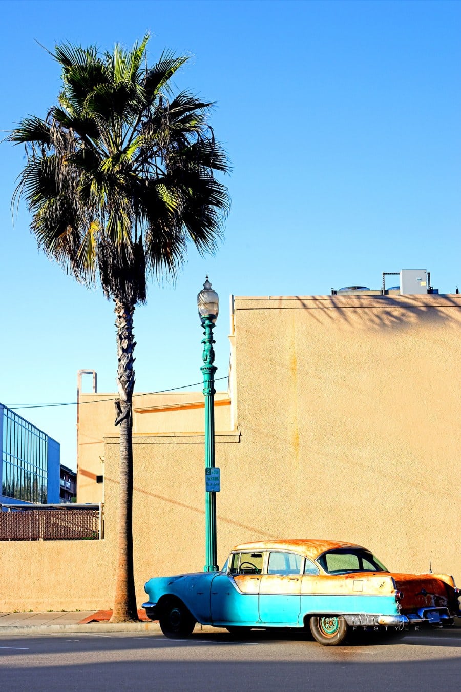Old rusty car in front of a building with a tall palm tree in the front