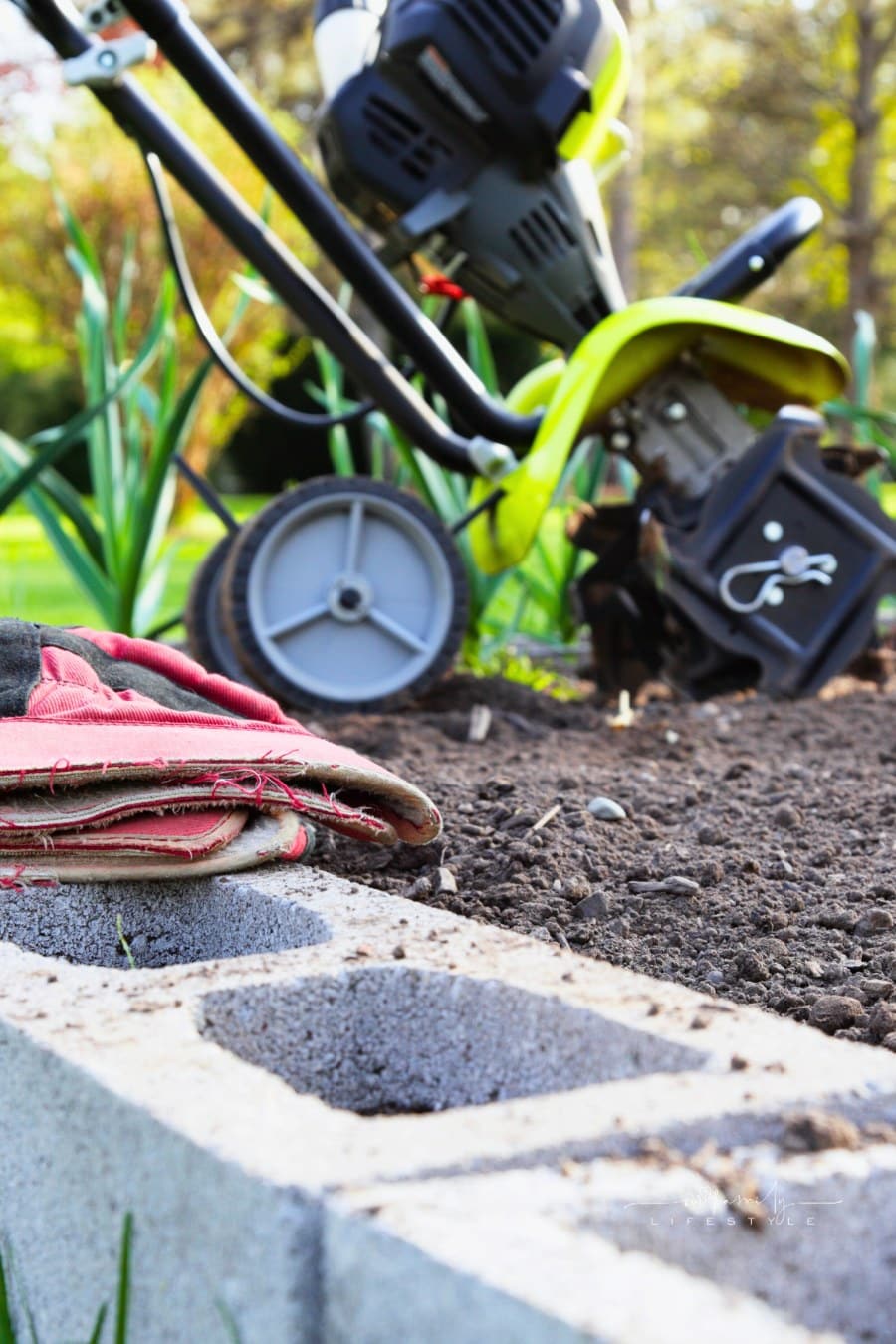 Suburban Vegetable Garden Tiller and Work Gloves