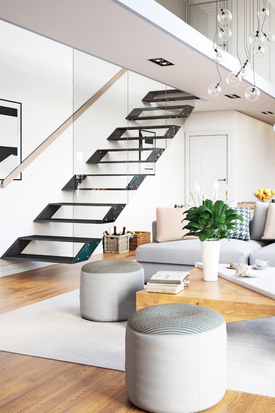living room with modern staircase design