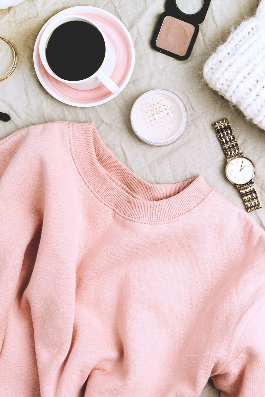 pink long sleeve crop top and Accessories flay lay