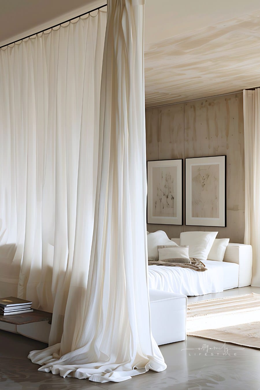 Arafed bed with white curtains and a white couch in a room