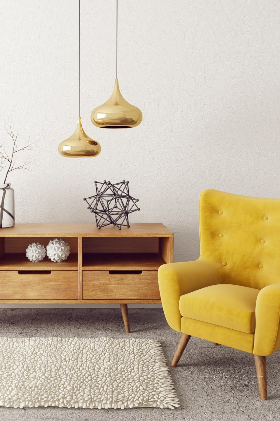 modern living room with yellow armchair. scandinavian interior design furniture