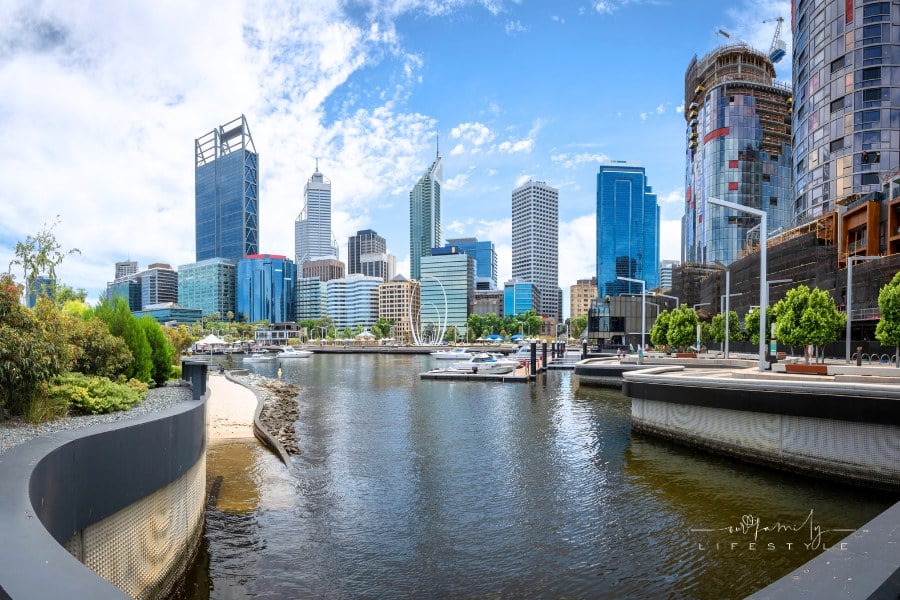 Panorama of Perth, Australia, skyline downtown seen from Elizabeth Quay with new port and Spanda monument