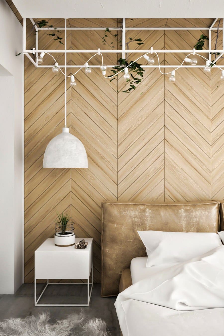 modern bedroom with wooden chevron accent wall