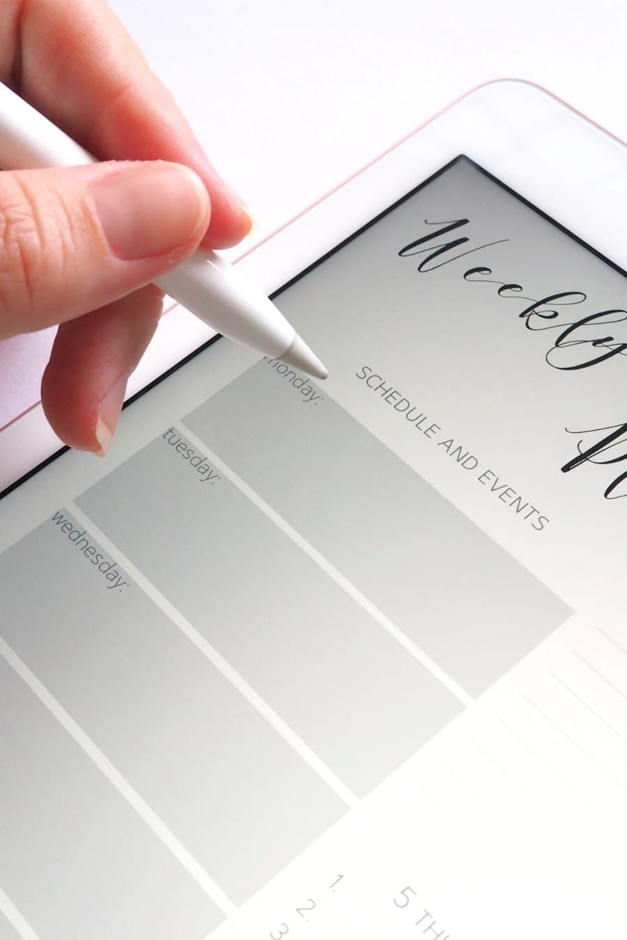 woman using iPad pencil to write in digital planner