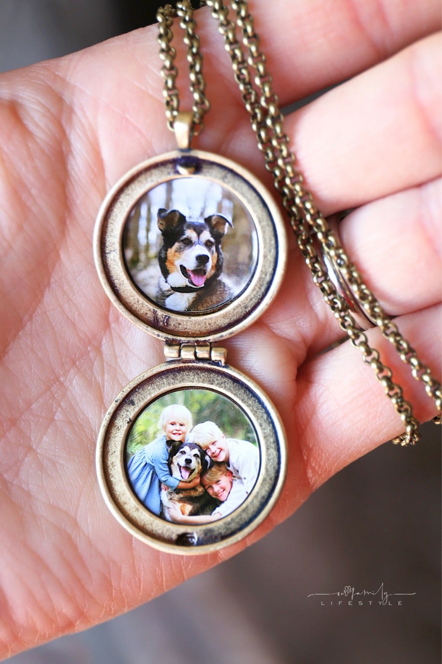 Woman's Hand Holding Antique Locket with Photos of Children and Pet Dog Inside