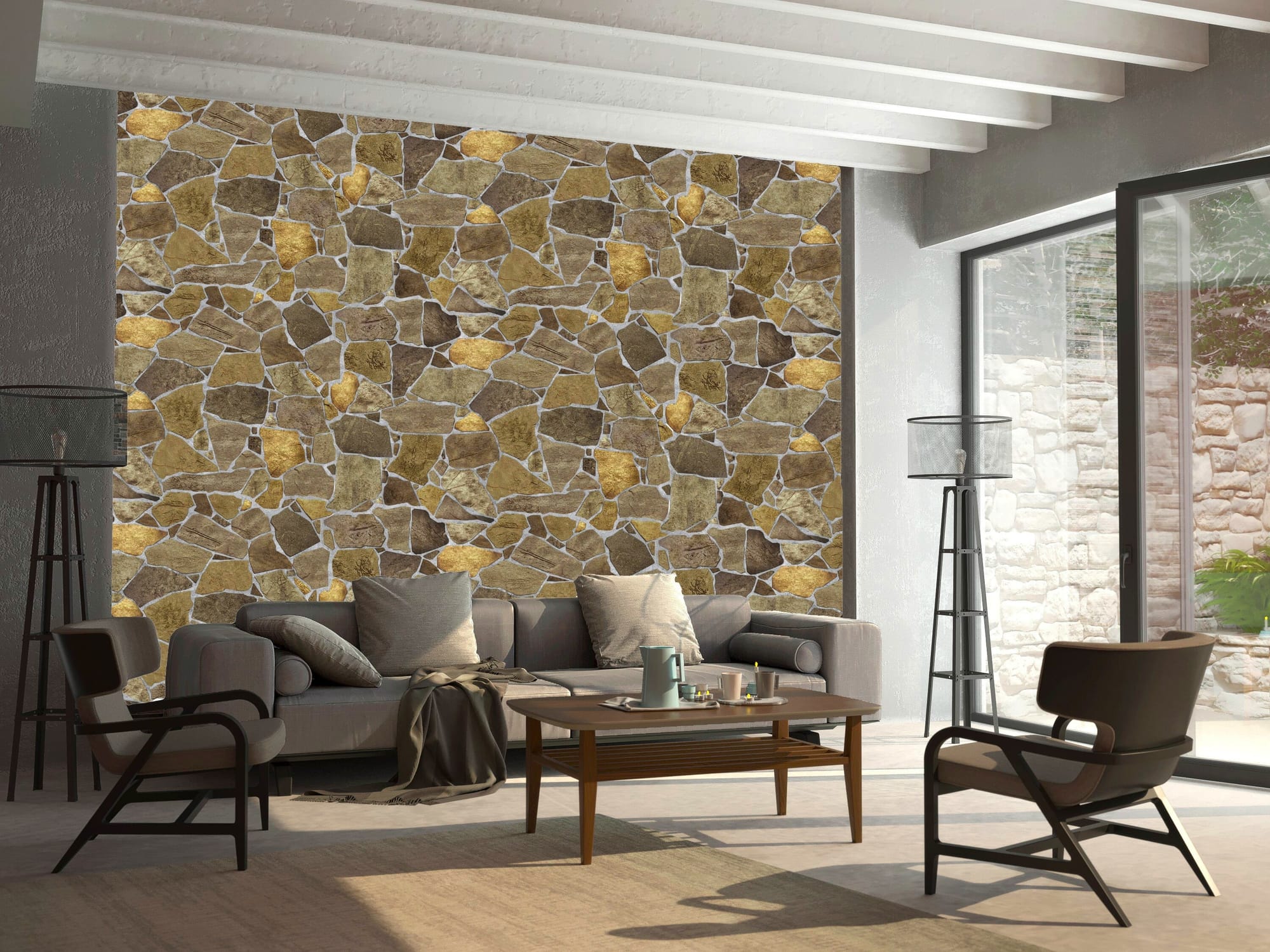 A modern living room with a stone accent wall and cozy furniture.