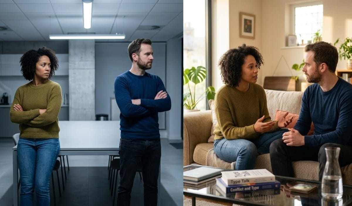 split screen of couple in conflict vs couple talking calmly on couch