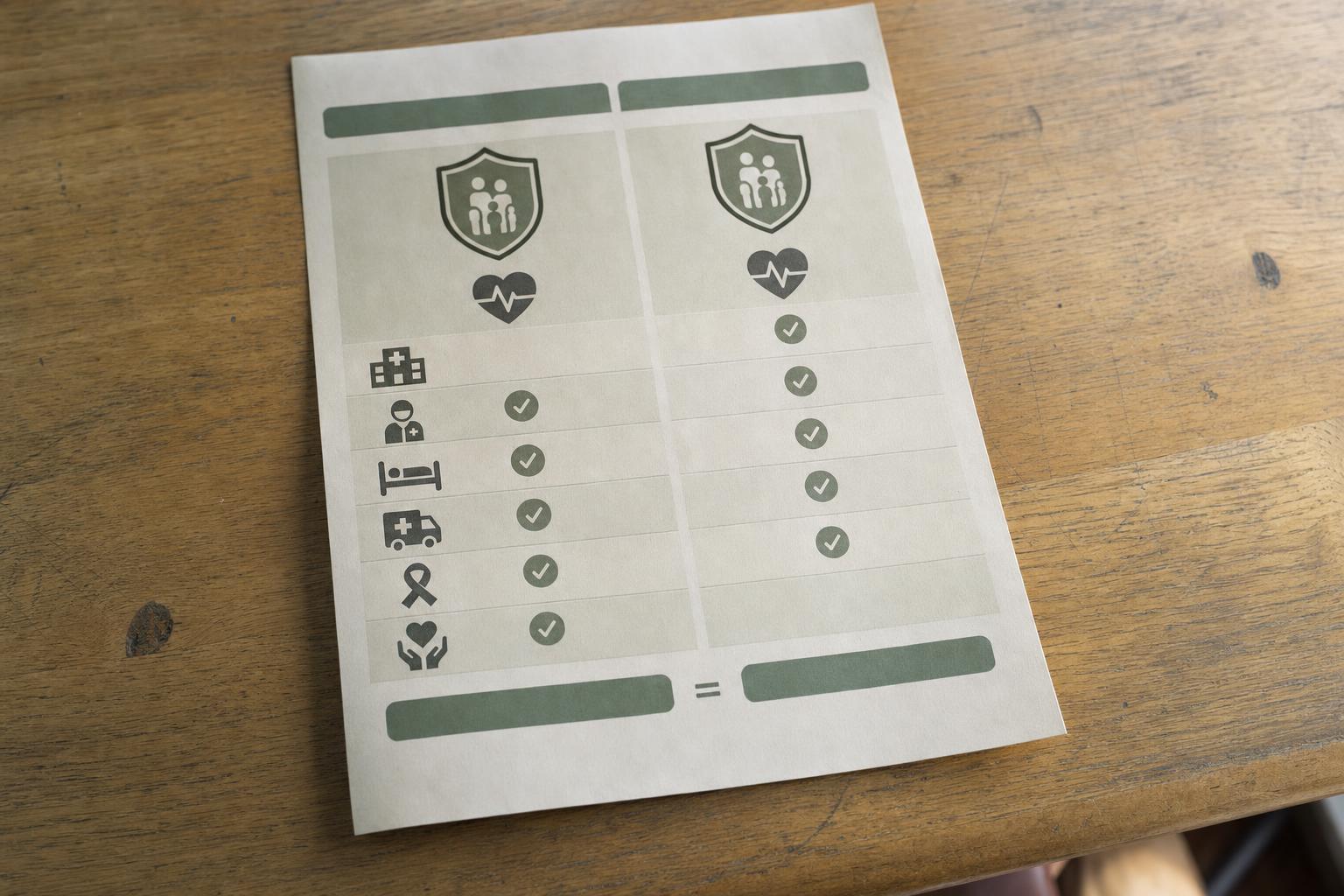 Illustrated takaful benefits comparison checklist on a wooden table.