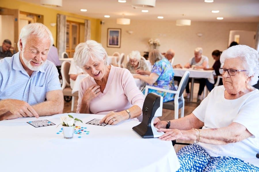 Group of Seniors Playing Game of Bingo in Assisted Living Home