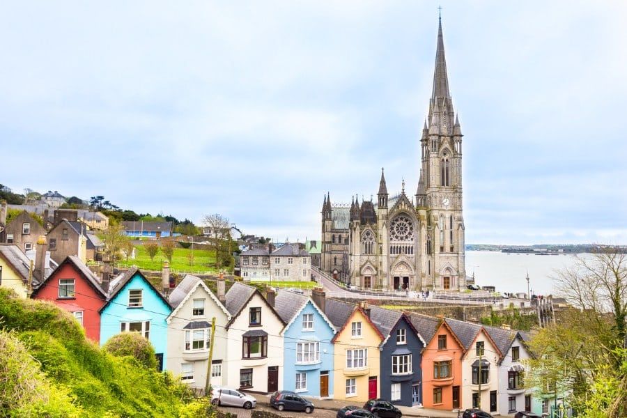 Cathedral and colored houses in Cobh, Ireland