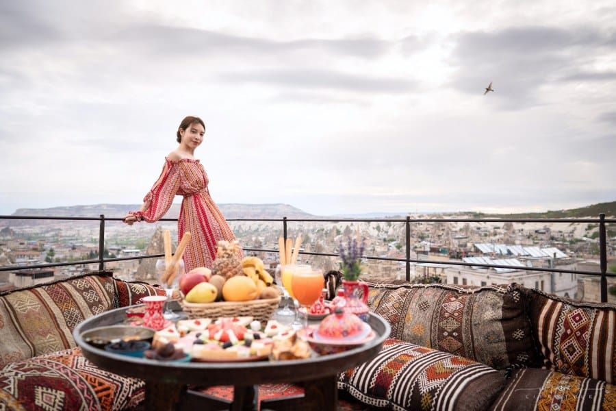 Turkish women on rooftop of house in Turkey